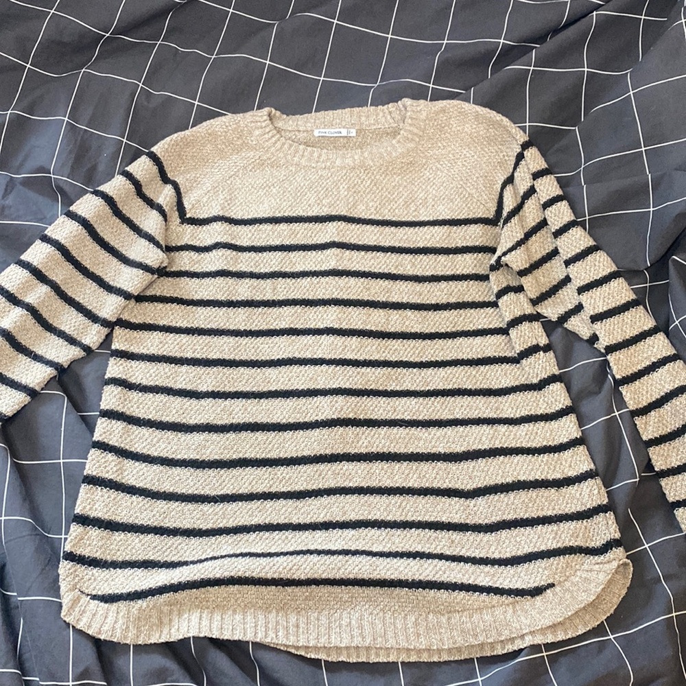Beige Sweater with black Stripes.